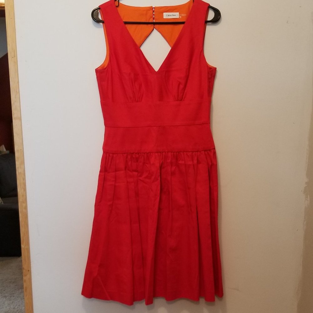 Calvin Klein Fit and Flare Tea Length Dress - Red (Size 6)